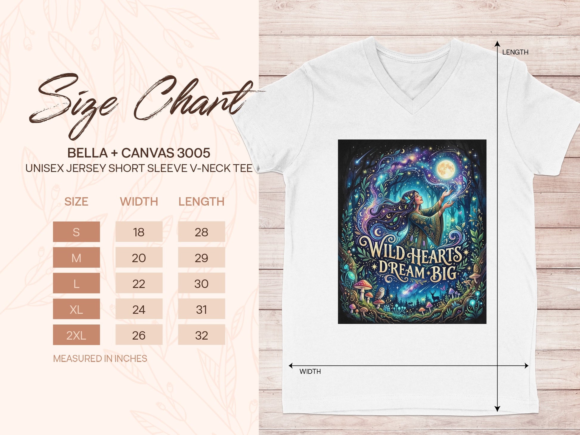 Bella + Canvas 3005 size chart for unisex v-neck tee with "Wild Hearts Dream Big" graphic.