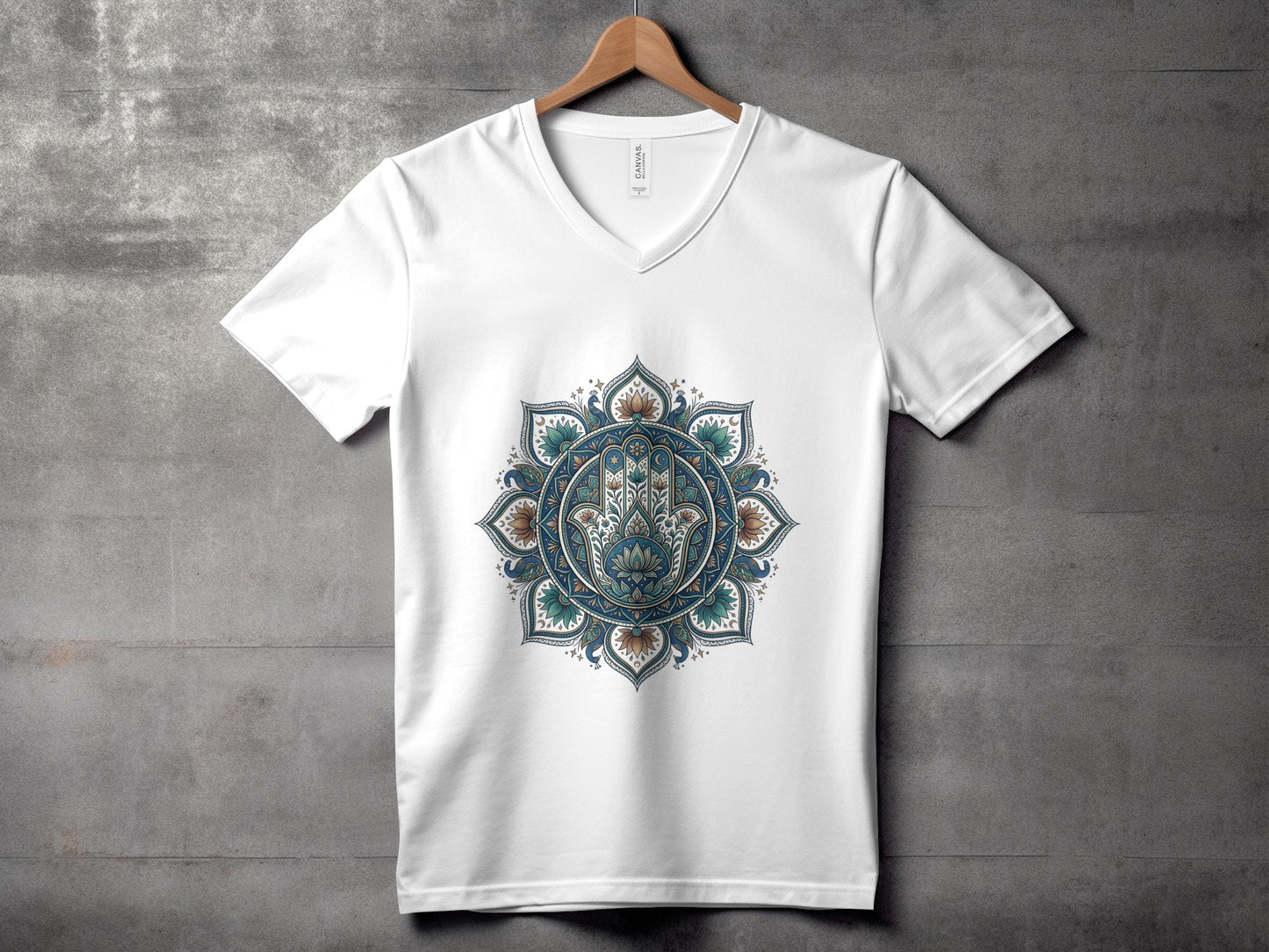 White v-neck t-shirt with Hamsa hand mandala graphic.