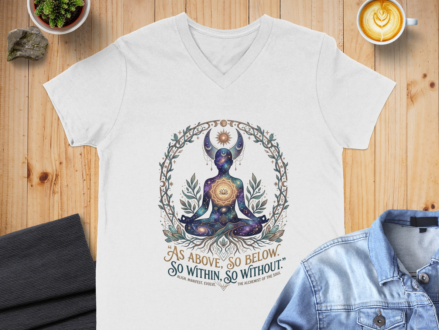 White v-neck t-shirt with celestial meditation graphic and quote "As above, so below".