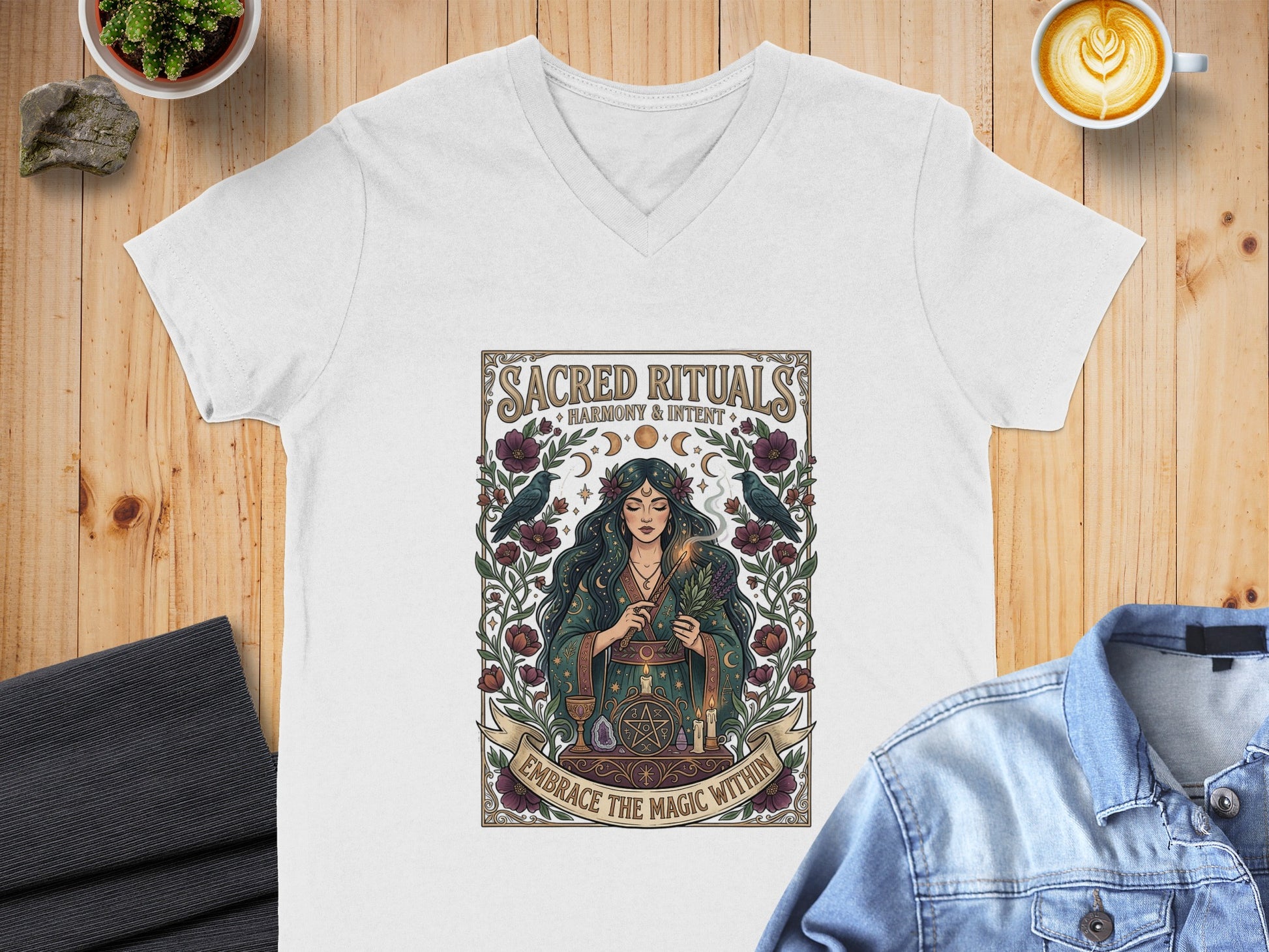 White v-neck t-shirt with "Sacred Rituals" graphic design and mystical woman.