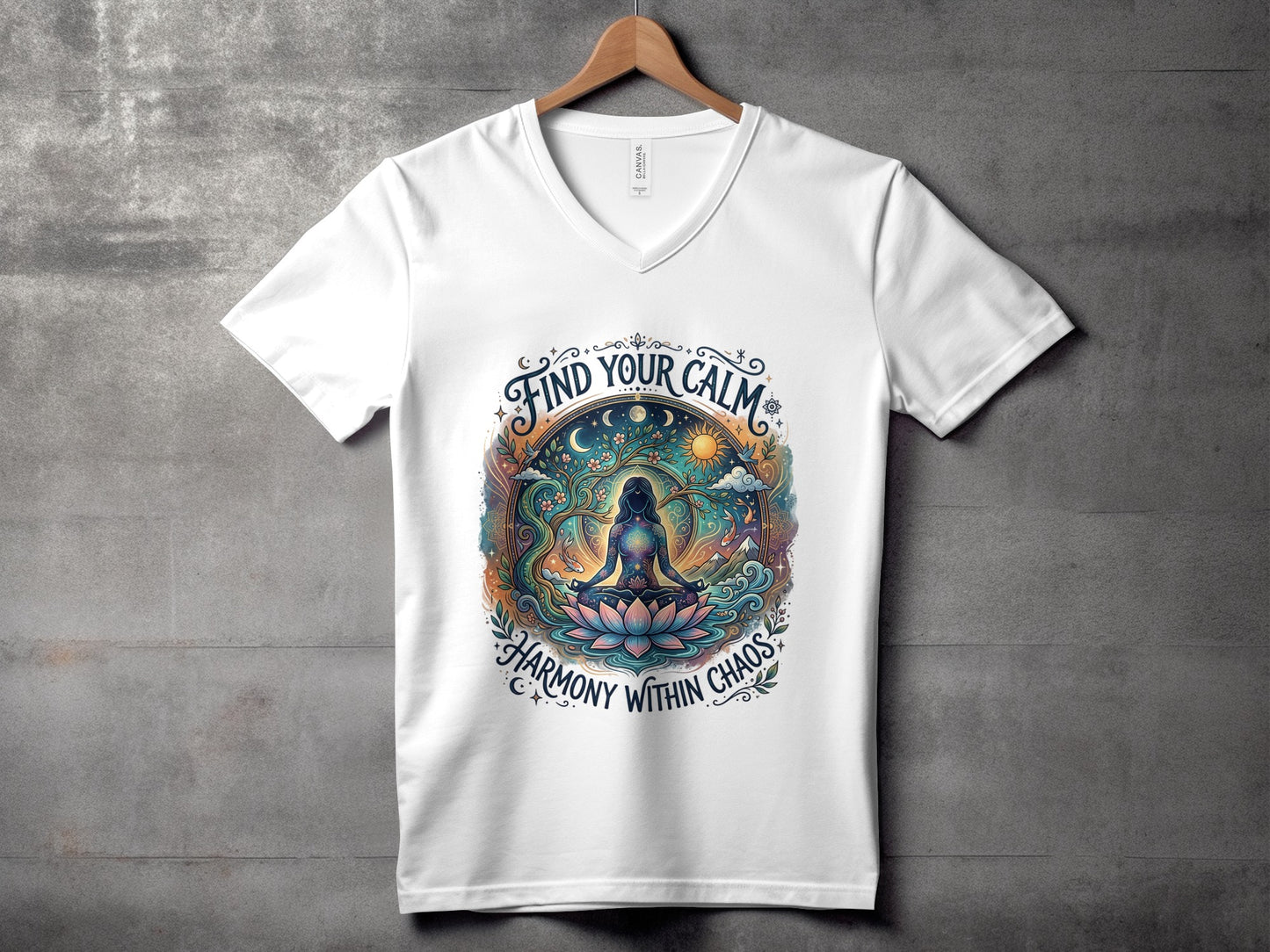 White V-neck t-shirt with "Find Your Calm Harmony Within Chaos" yoga graphic.