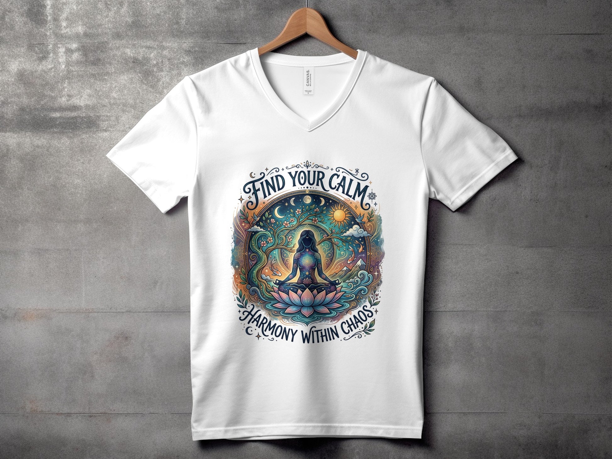 White V-neck t-shirt with "Find Your Calm Harmony Within Chaos" yoga graphic.