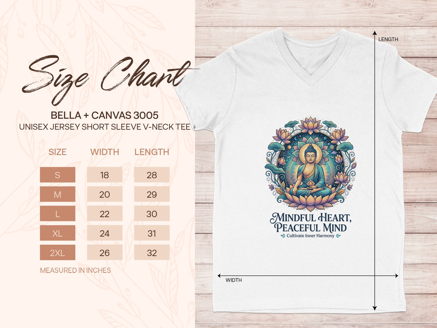 BELLA+CANVAS 3005 unisex v-neck t-shirt size chart with measurements in inches.