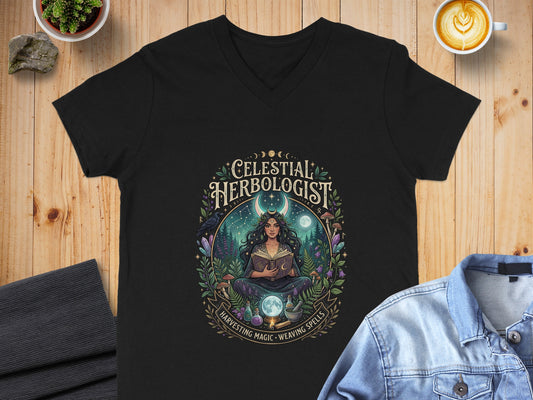 Black t-shirt with "Celestial Herbologist" graphic featuring moon, stars, and witchy elements.
