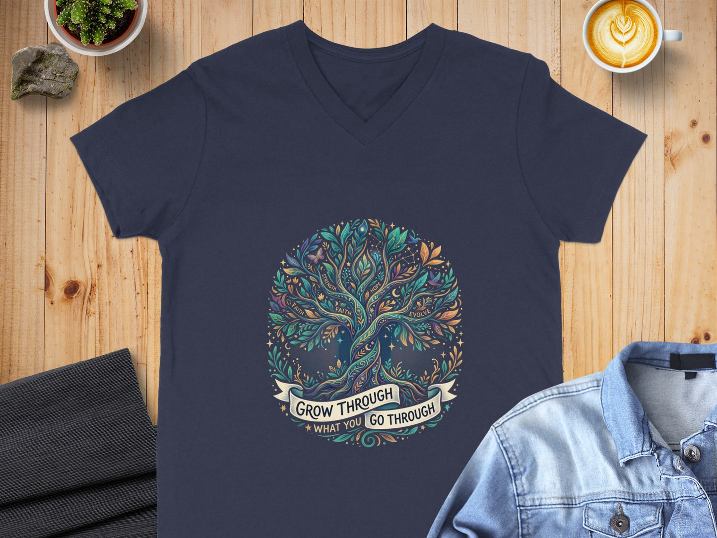 Navy t-shirt with Tree of Life design and text "Grow Through What You Go Through".