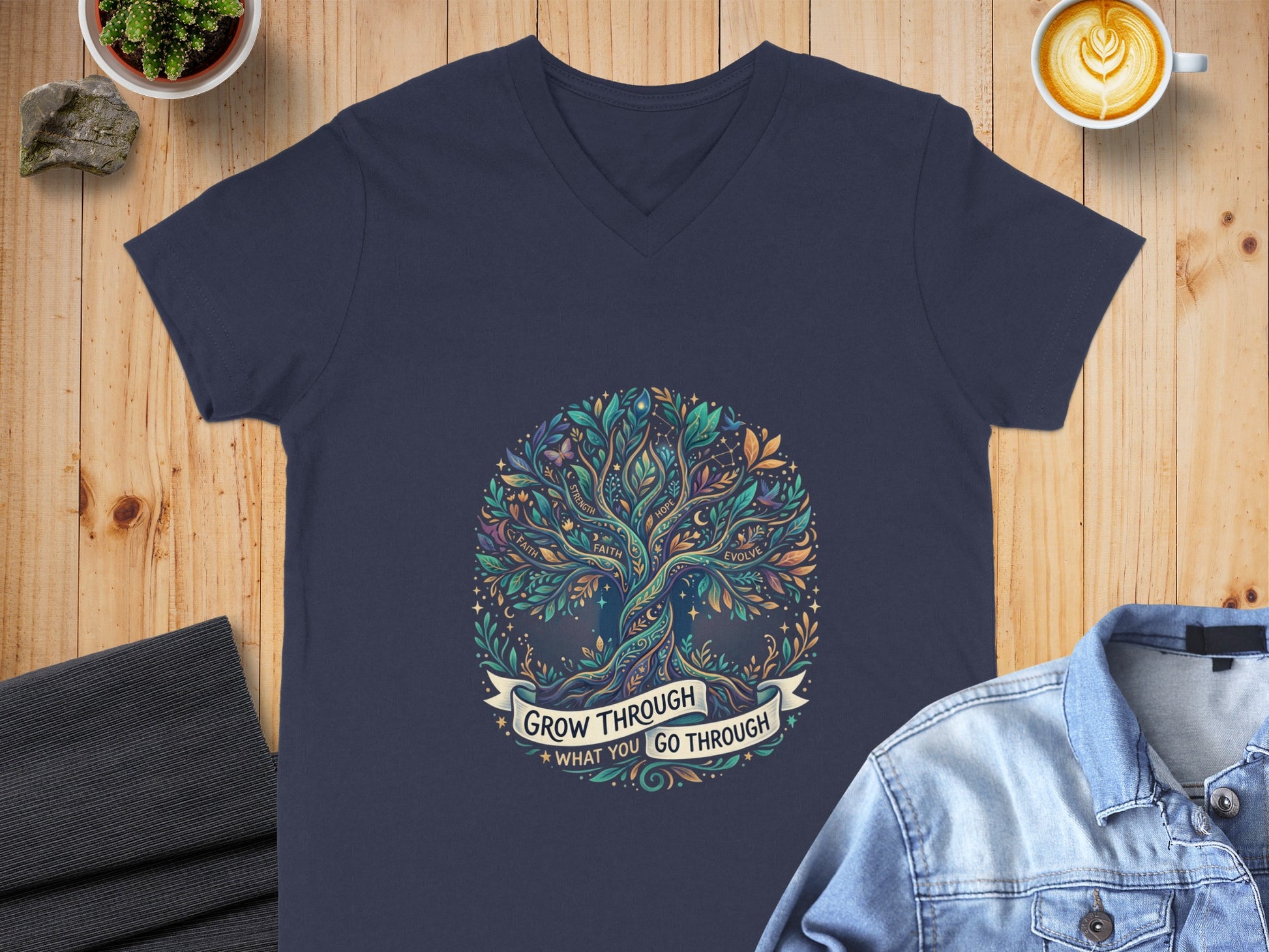 Navy t-shirt with Tree of Life design and text "Grow Through What You Go Through".