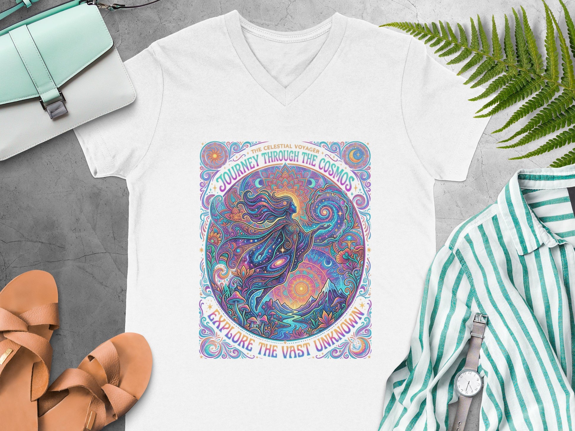 Celestial voyager exploring cosmos on a white t-shirt.