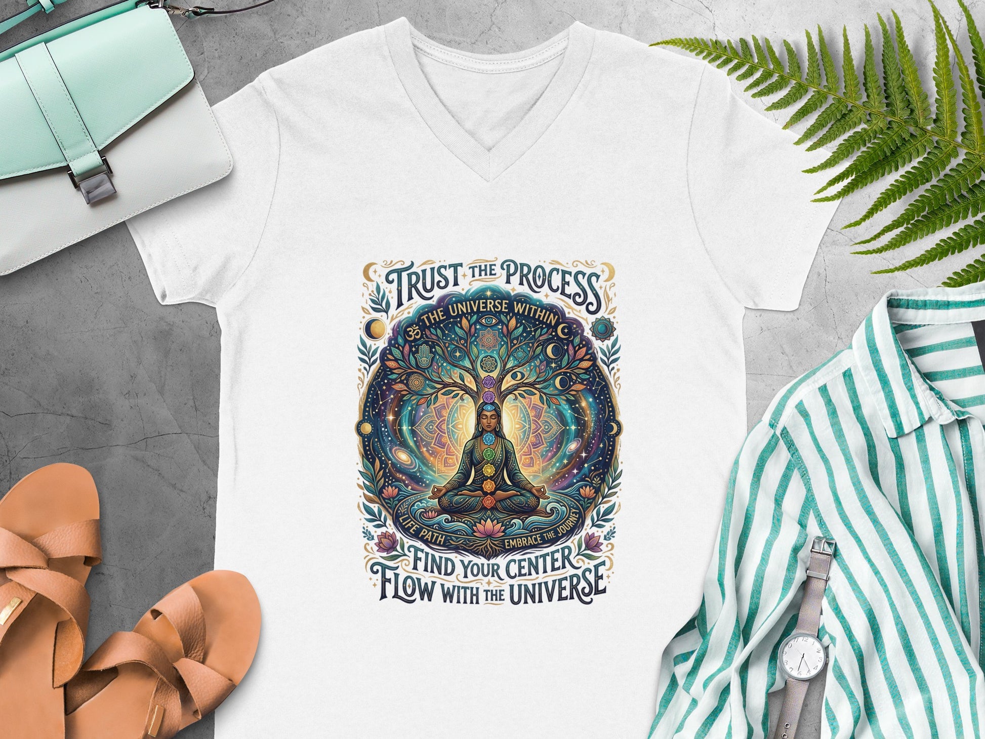 White v-neck t-shirt with a colorful tree of life and inspirational text.