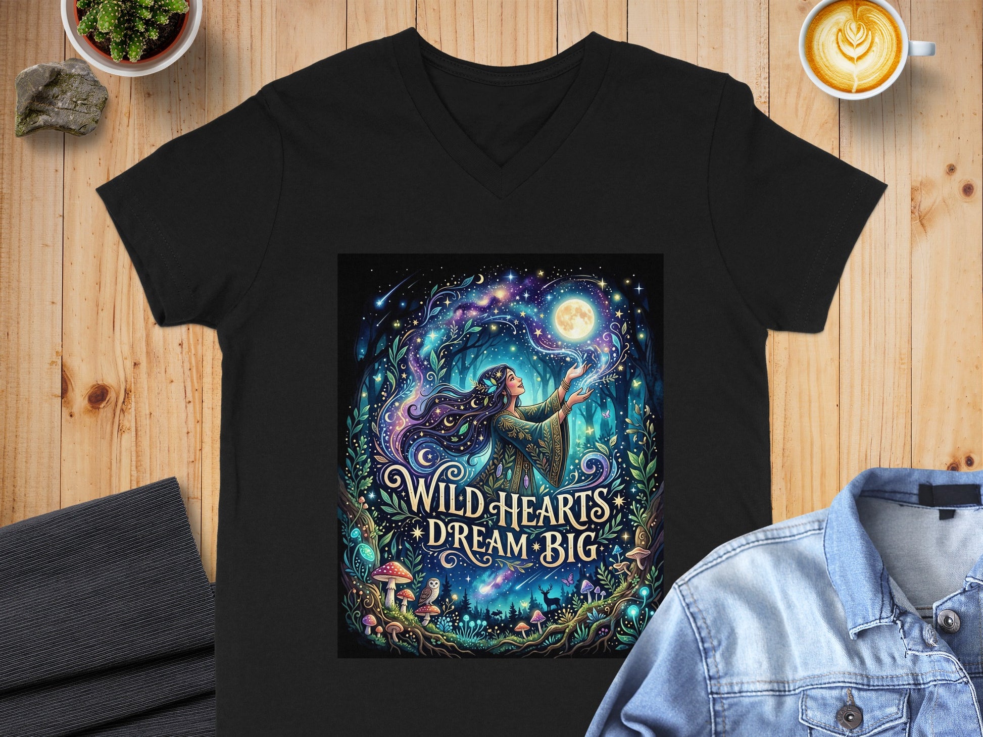 Black t-shirt with a mystical celestial forest design and "Wild Hearts Dream Big" text.