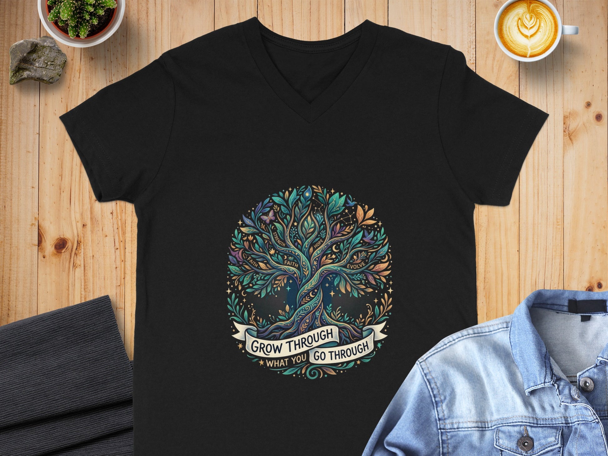 Black v-neck t-shirt with a colorful tree of life design.