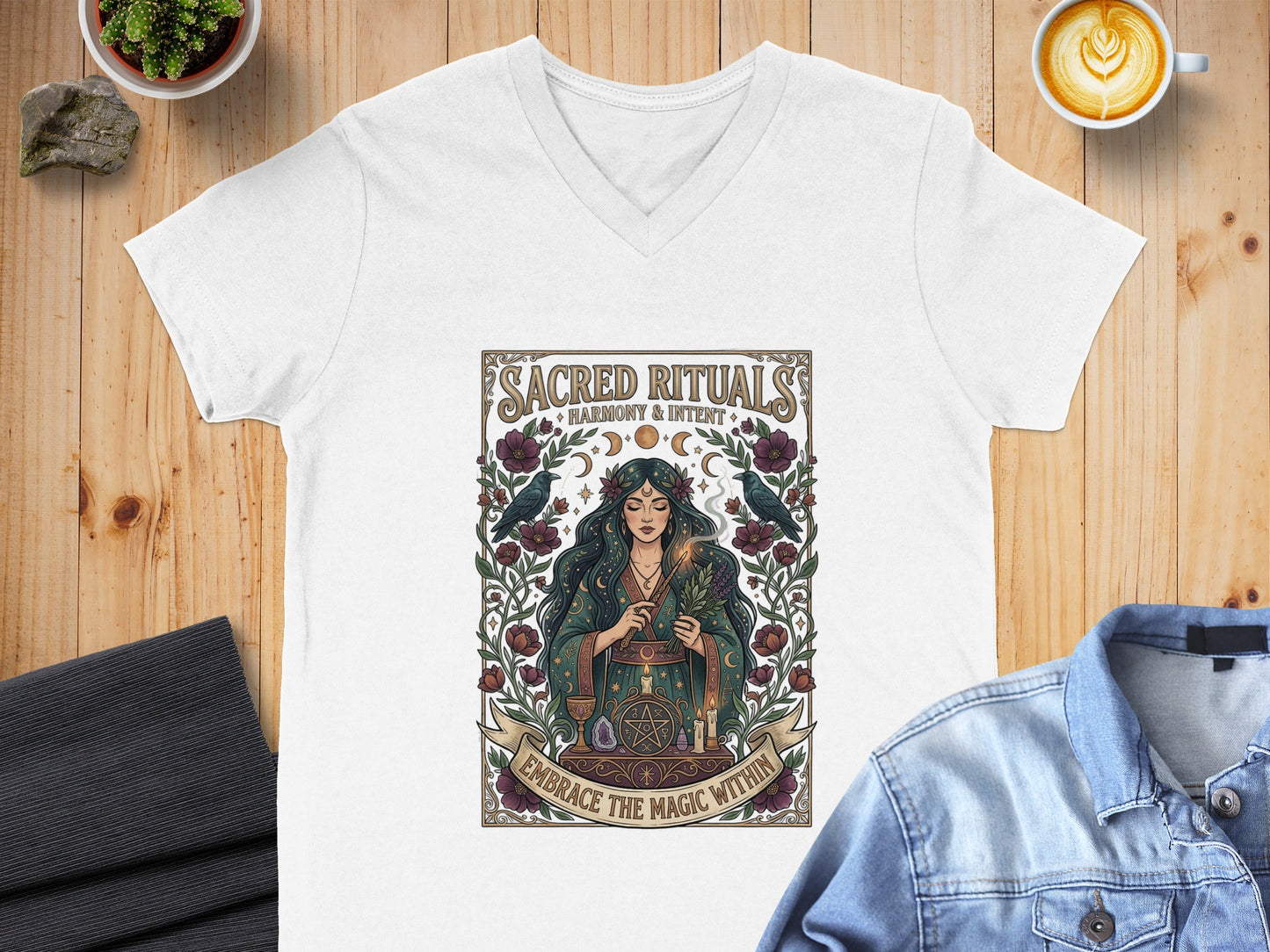 White V-neck t-shirt with "Sacred Rituals Harmony & Intent Embrace the Magic Within" graphic.