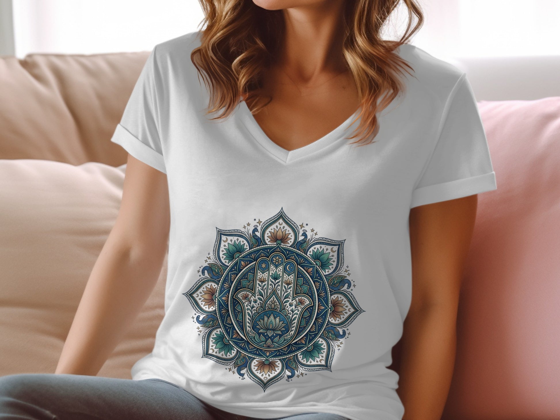 White v-neck t-shirt with blue and green mandala and hamsa hand design.