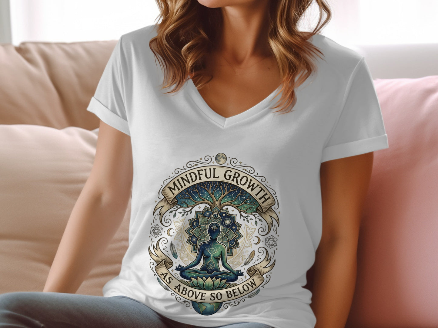 Woman wearing a white t-shirt with "Mindful Growth" and meditation graphic.