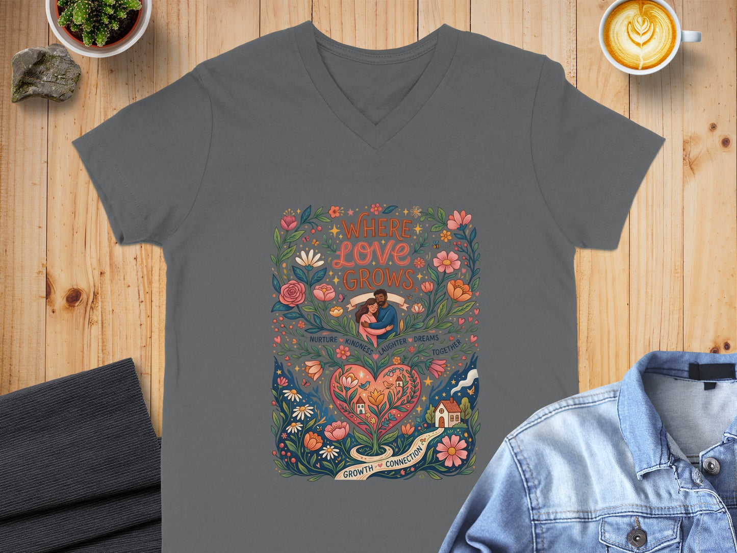 Gray t-shirt with floral heart design and text "Where Love Grows".