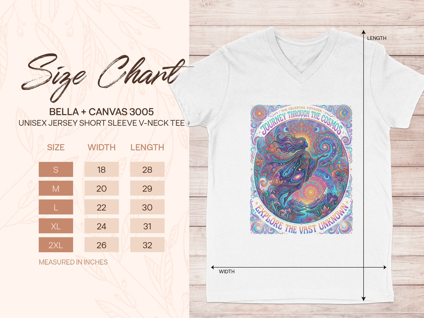 Bella + Canvas 3005 unisex t-shirt size chart with width and length measurements.
