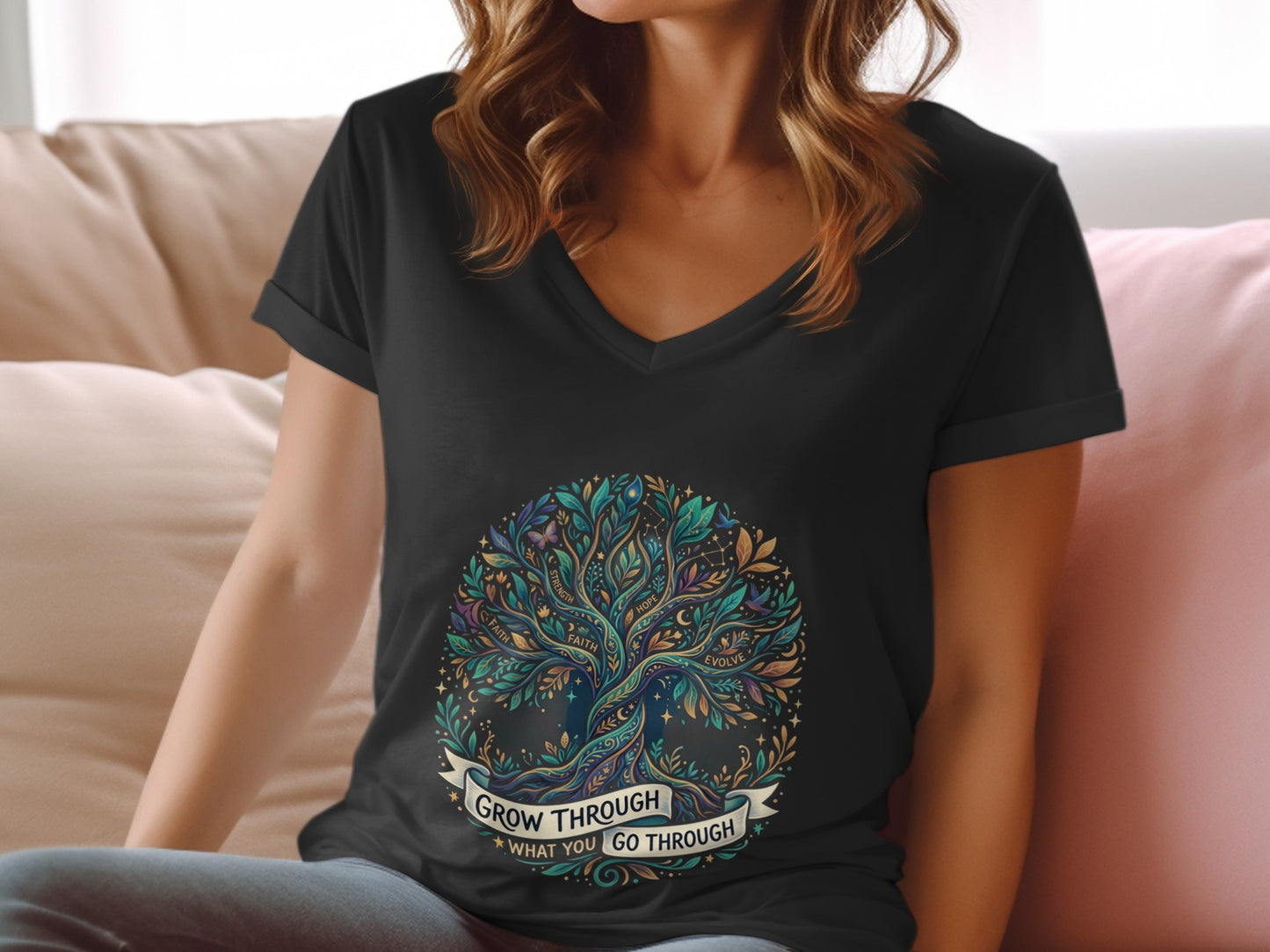 Black t-shirt with a colorful, ornate tree design and text "GROW THROUGH WHAT YOU GO THROUGH".