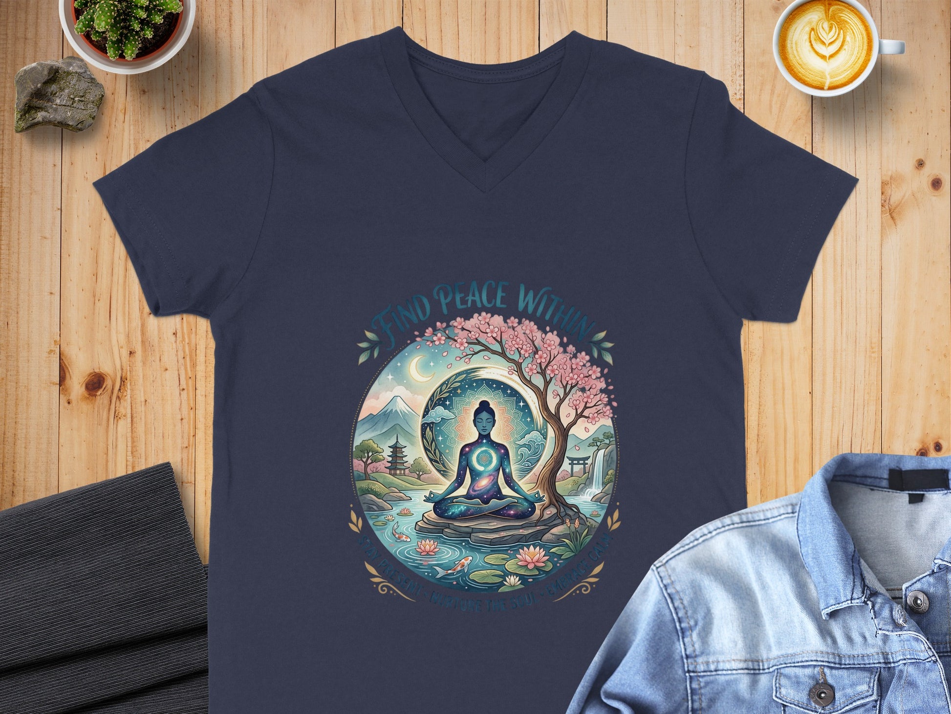 Navy t-shirt with a circular graphic of a meditating figure under a tree.