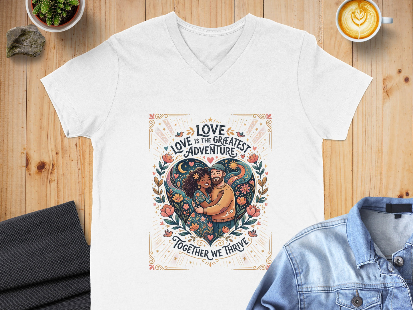 White v-neck t-shirt with "Love is the greatest adventure, together we thrive" heart graphic.
