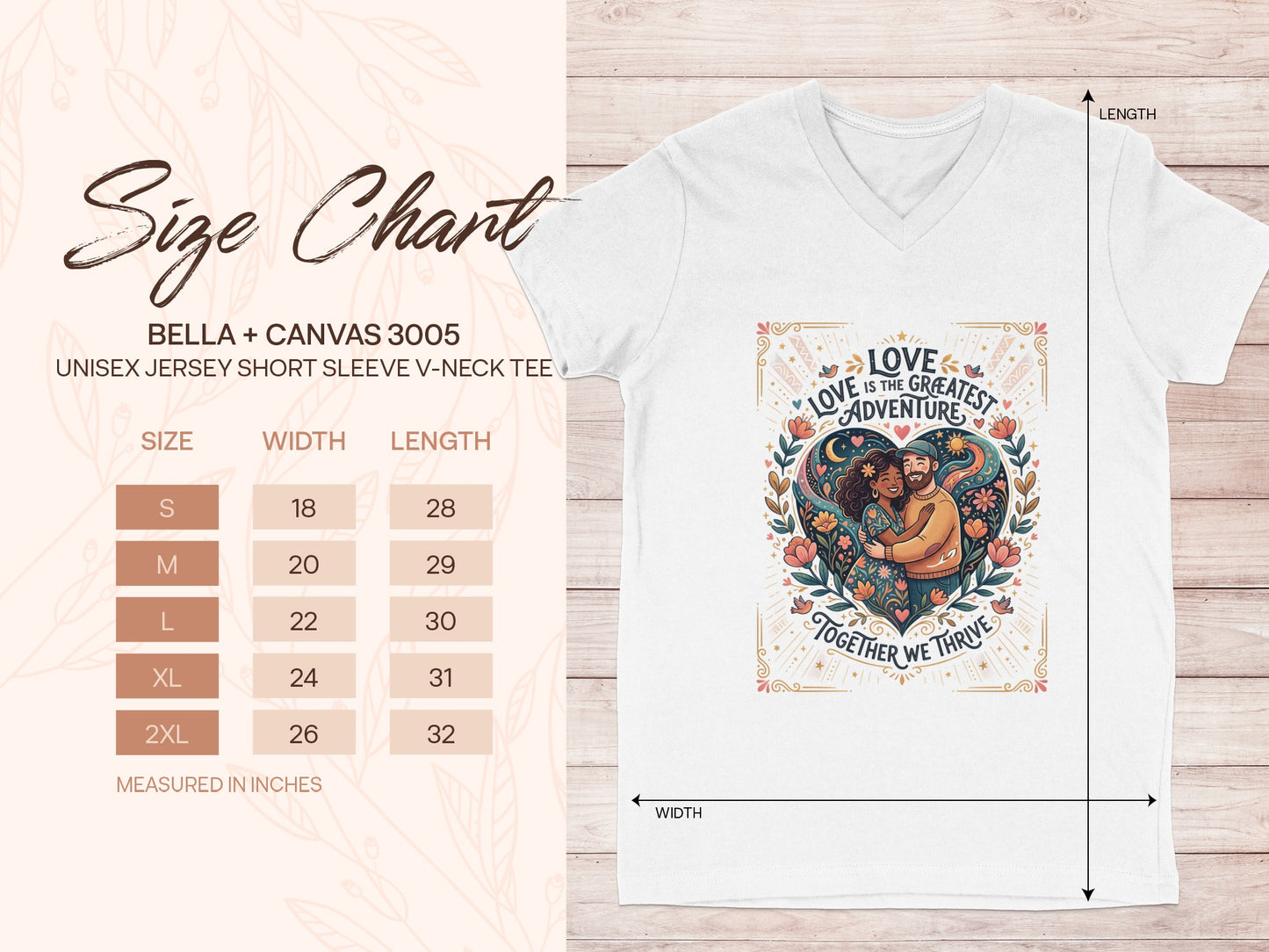 Bella + Canvas 3005 size chart for unisex v-neck tee.