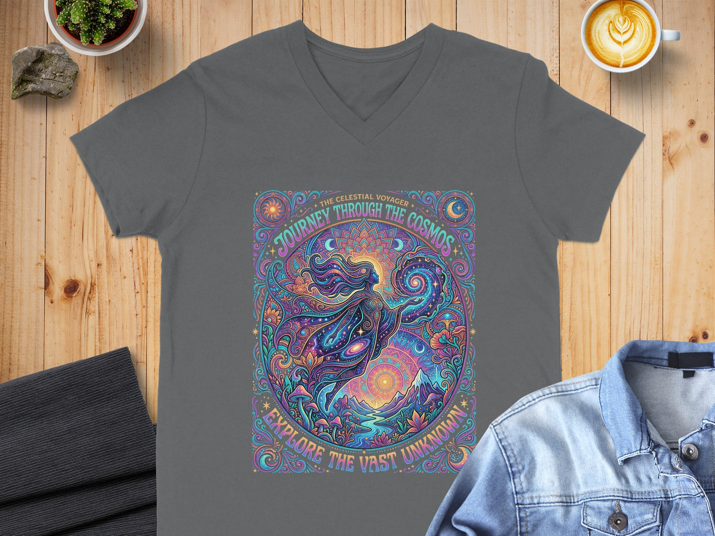 Gray t-shirt with colorful celestial voyager and cosmos design.