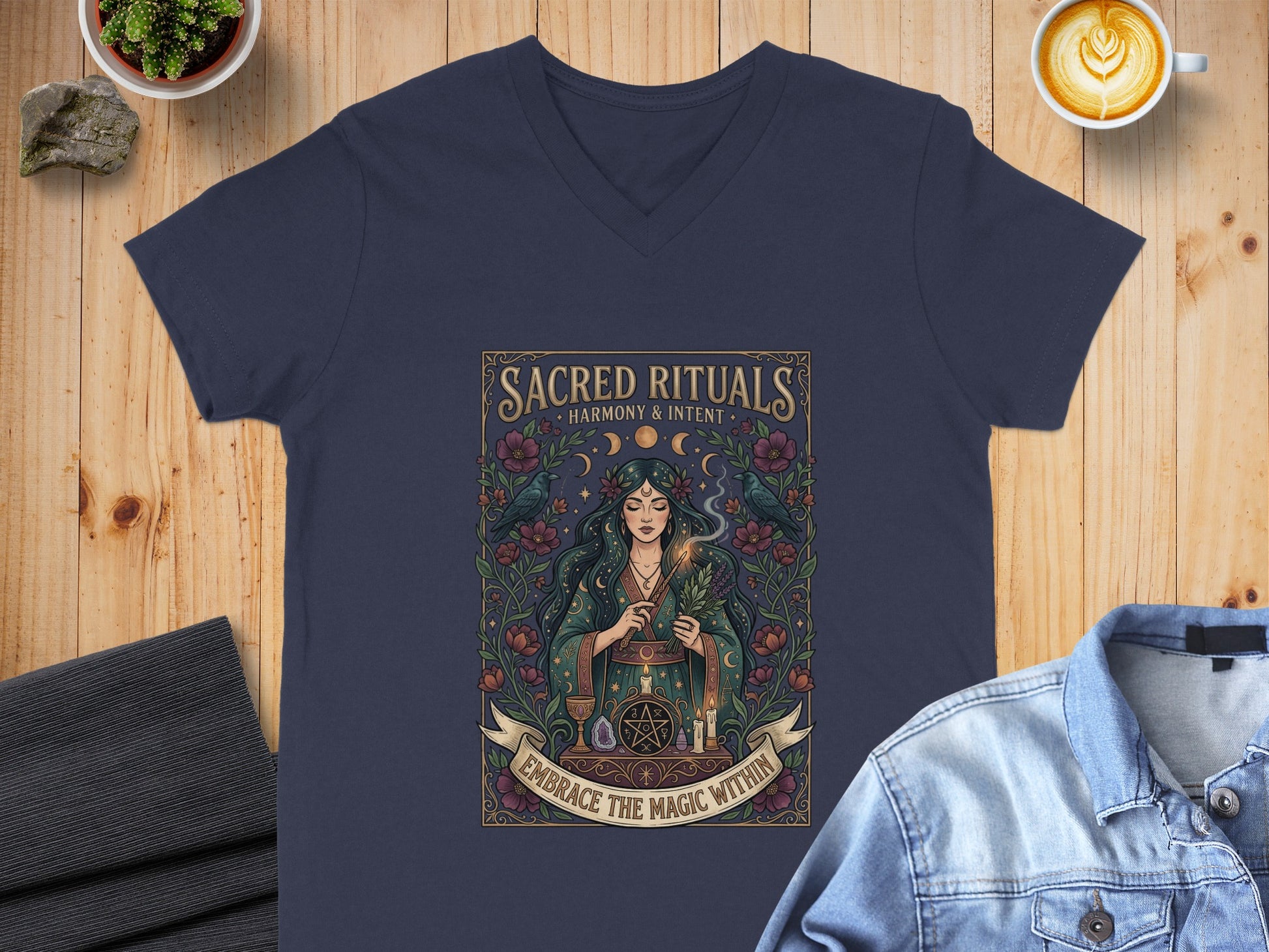 Navy v-neck t-shirt with "Sacred Rituals" artwork featuring a woman holding a candle and branches.