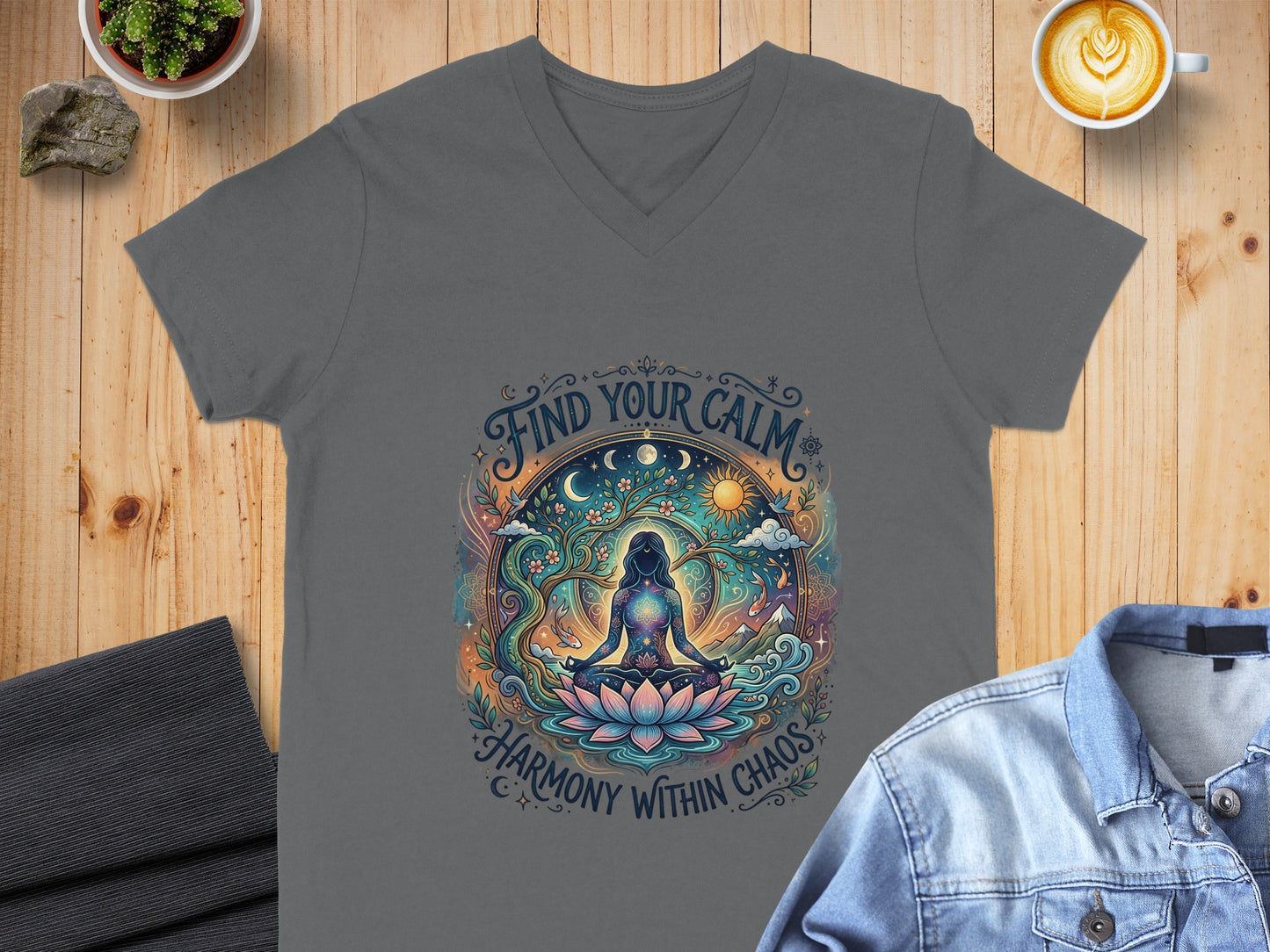T-shirt with woman meditating under a radiant sun, surrounded by celestial and floral elements.