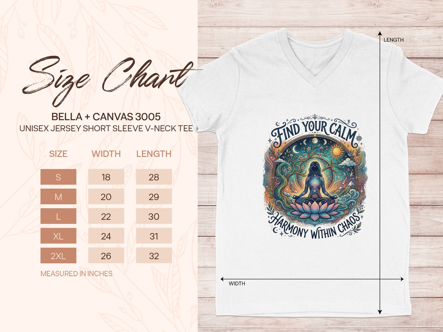 Size chart for Bella+Canvas 3005 unisex V-neck tee with graphic.