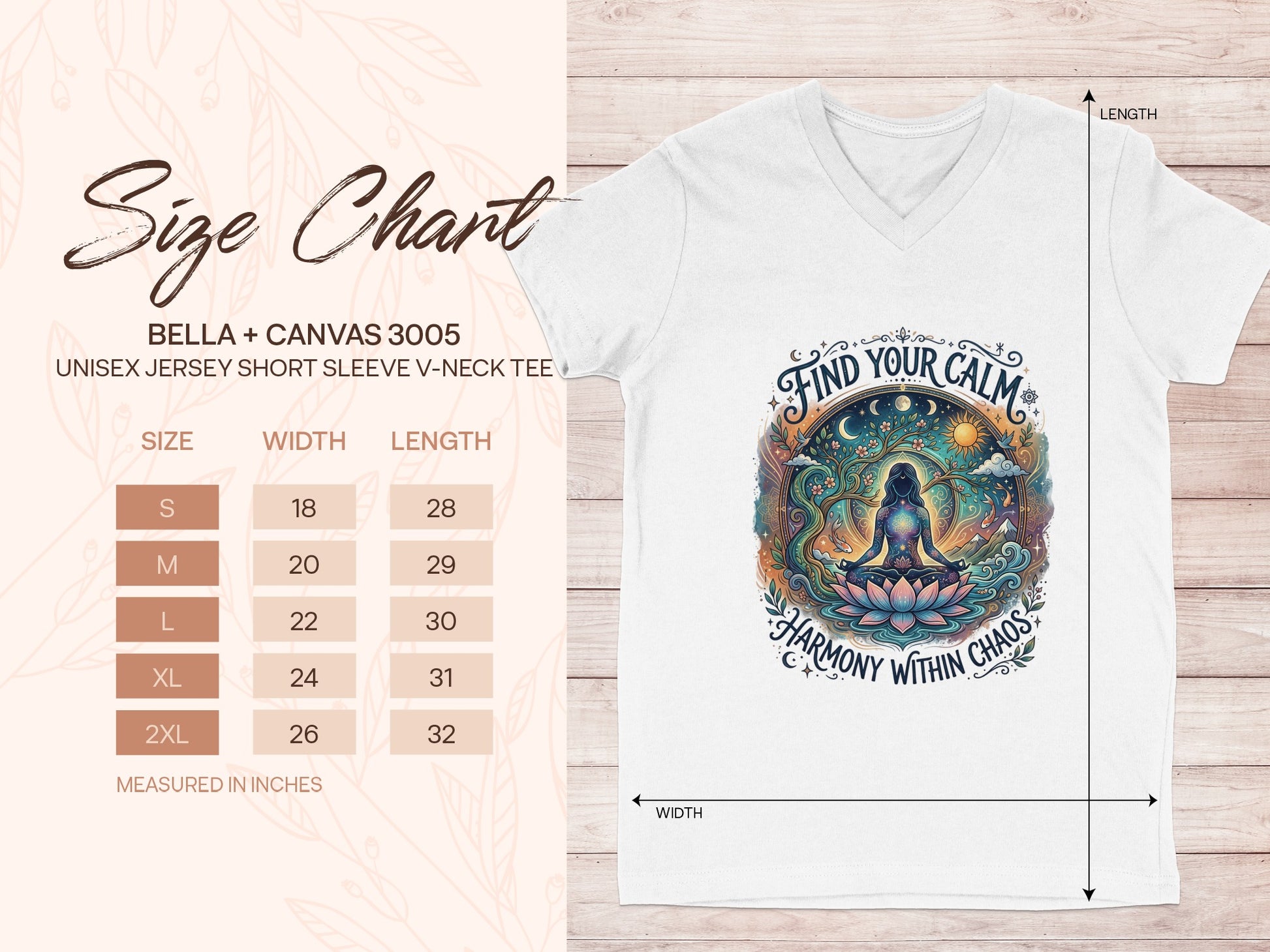 Size chart for Bella+Canvas 3005 unisex V-neck tee with graphic.