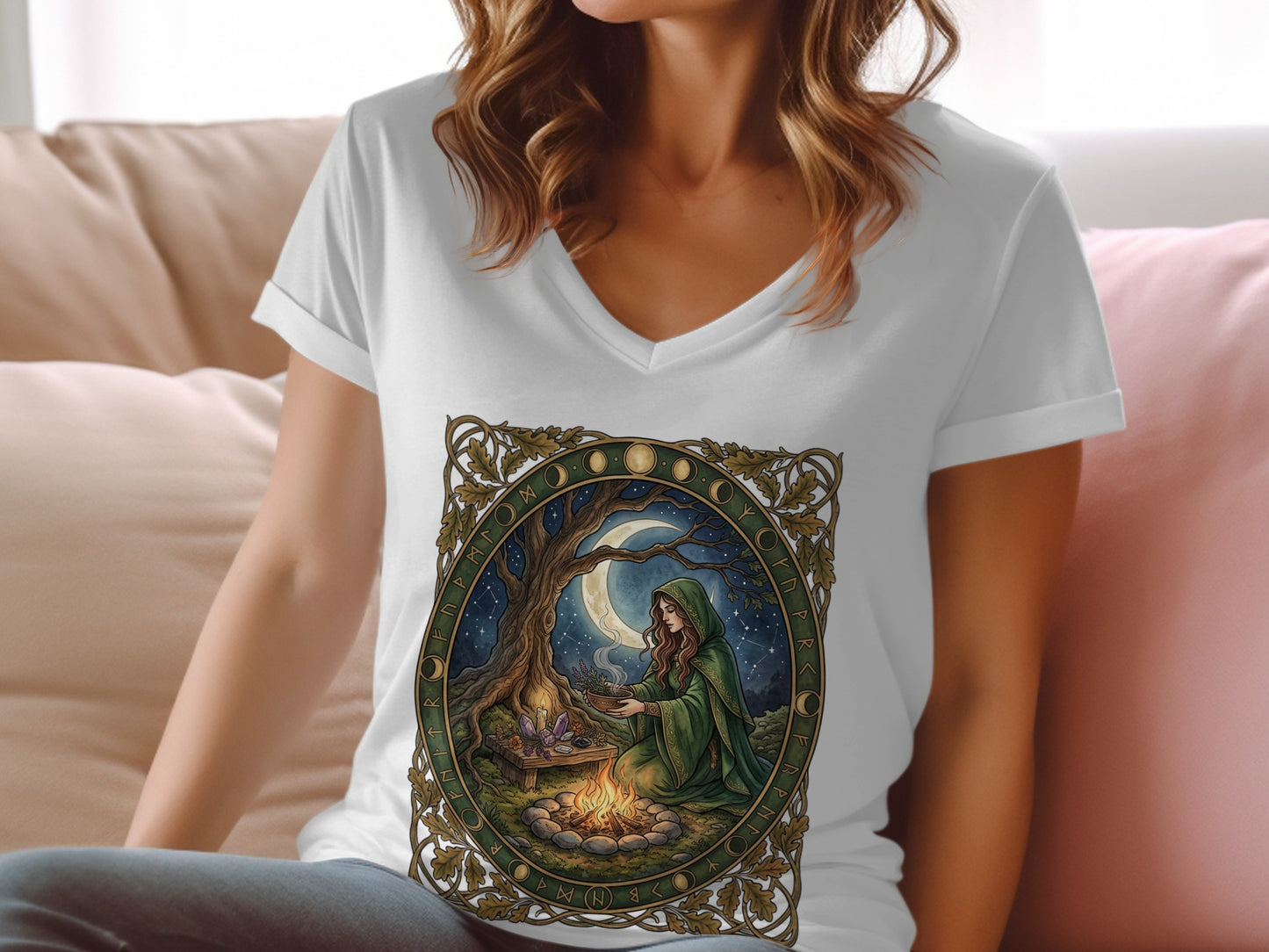 Woman in white v-neck shirt with printed occult forest scene.