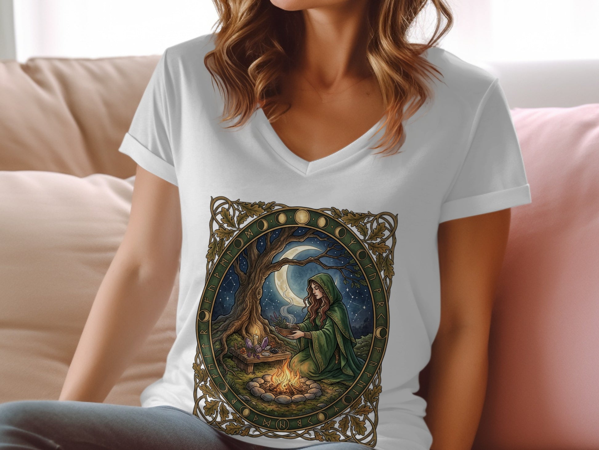Woman in white v-neck shirt with printed occult forest scene.