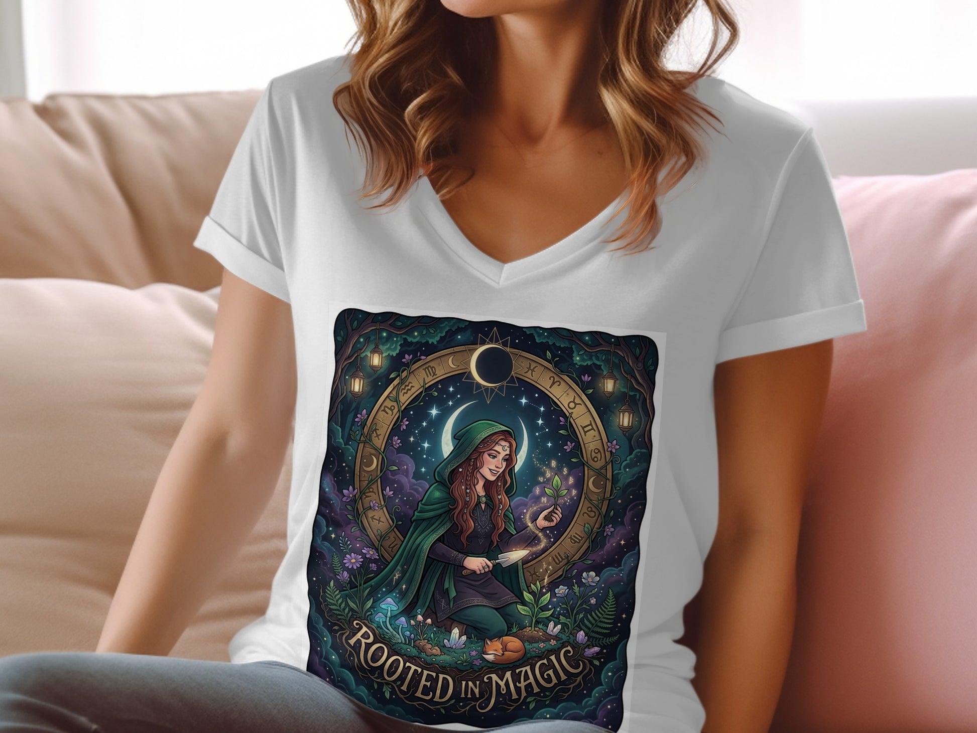 Woman in white t-shirt with graphic of a witch under a moonlit sky.