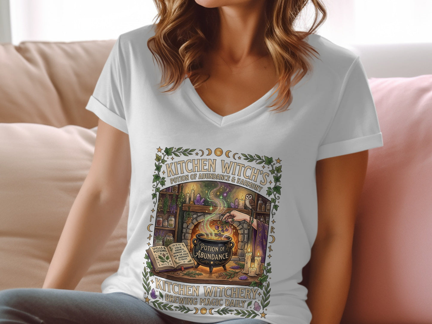 T-shirt with "Kitchen Witchery" design, featuring a cauldron and potion ingredients.