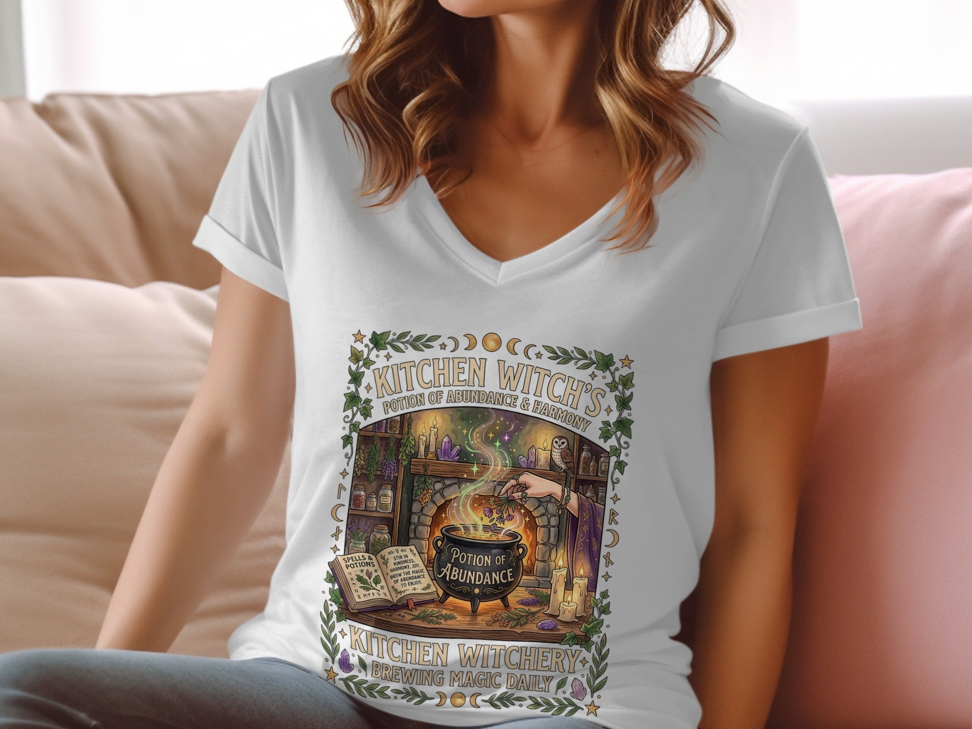 T-shirt with "Kitchen Witchery" design, featuring a cauldron and potion ingredients.