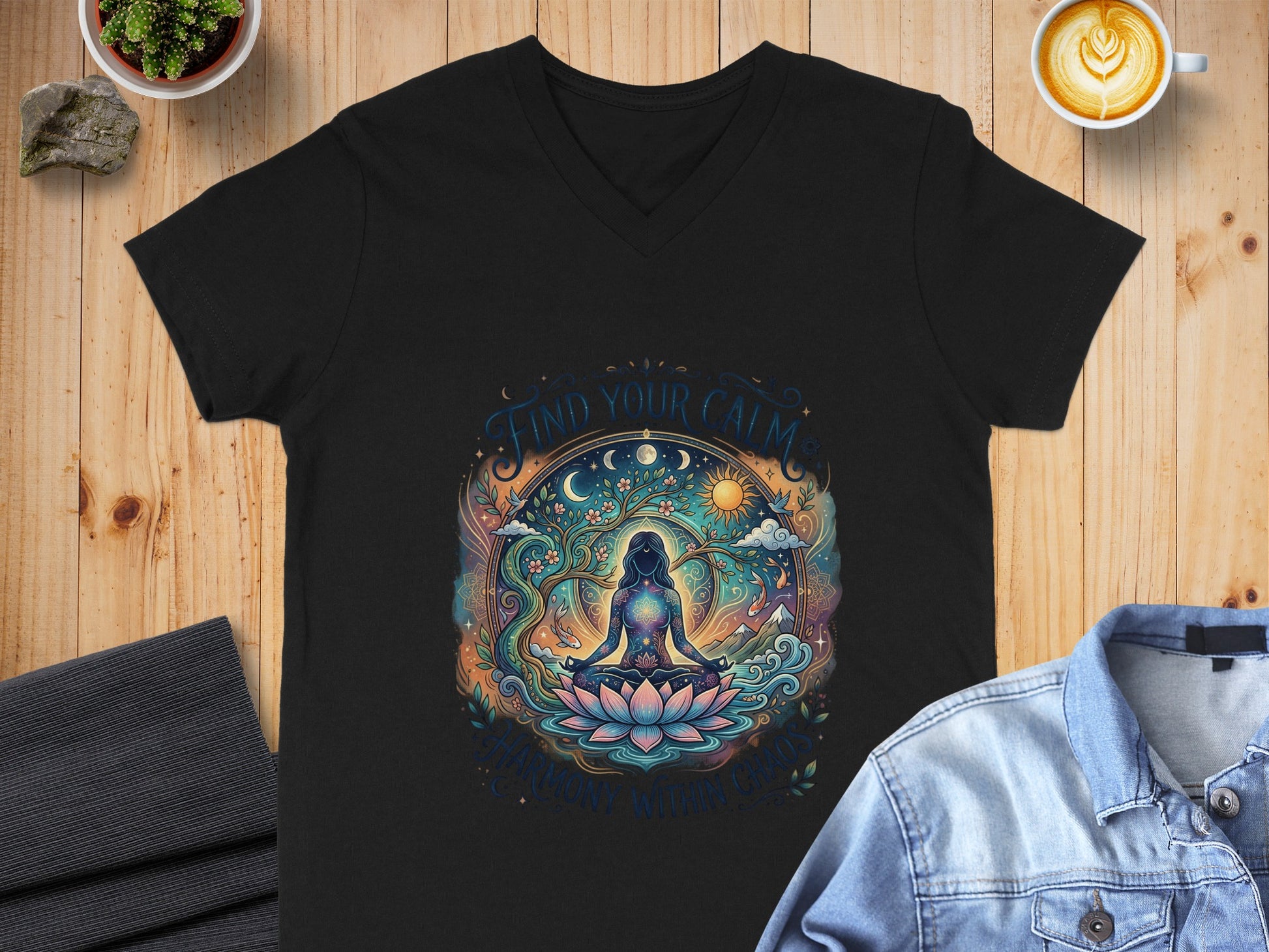 Black t-shirt with colorful circular design of woman meditating under sun and moon.