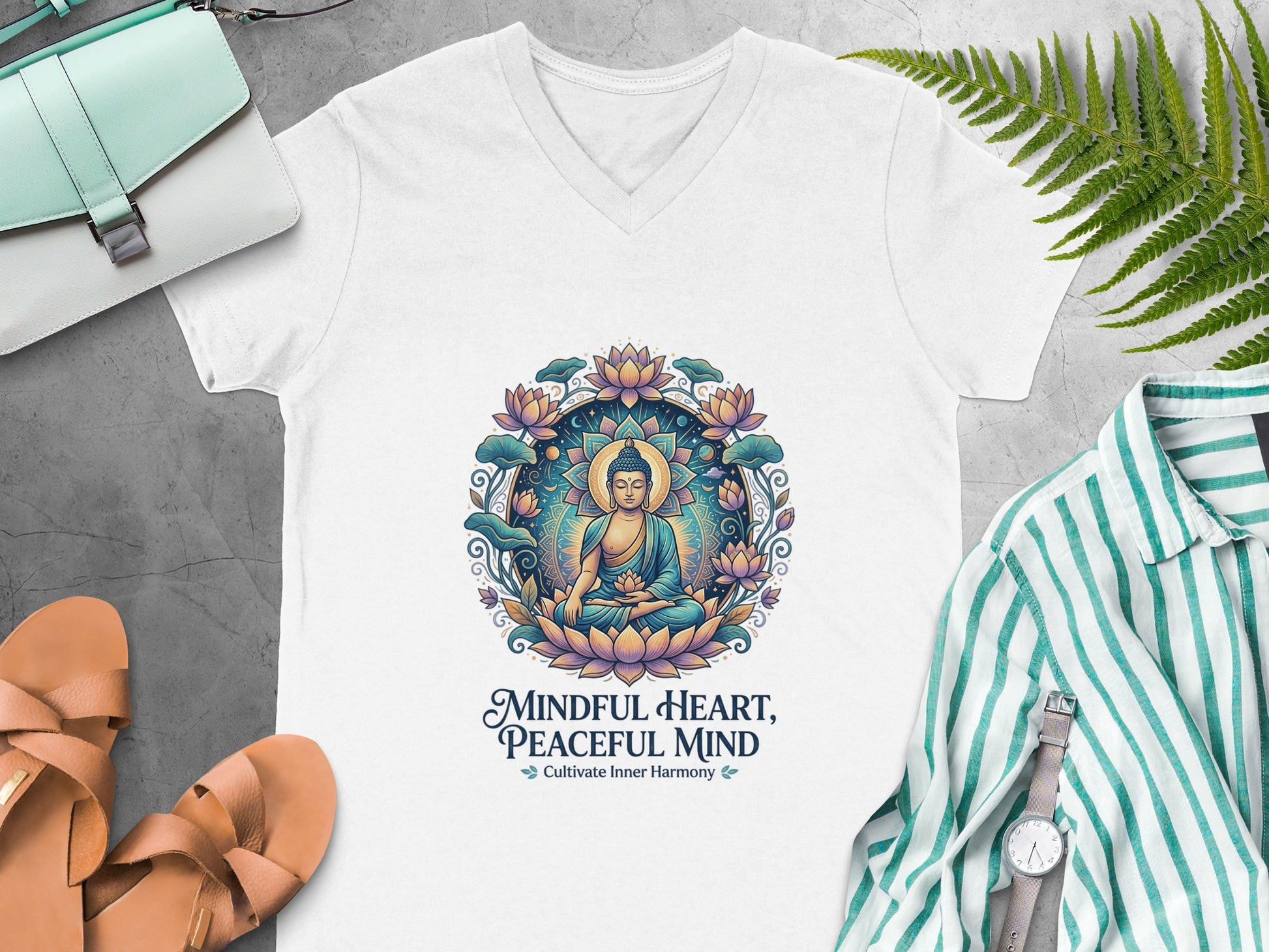 White t-shirt with colorful Buddha graphic, lotus flowers, and "Mindful Heart, Peaceful Mind" text.