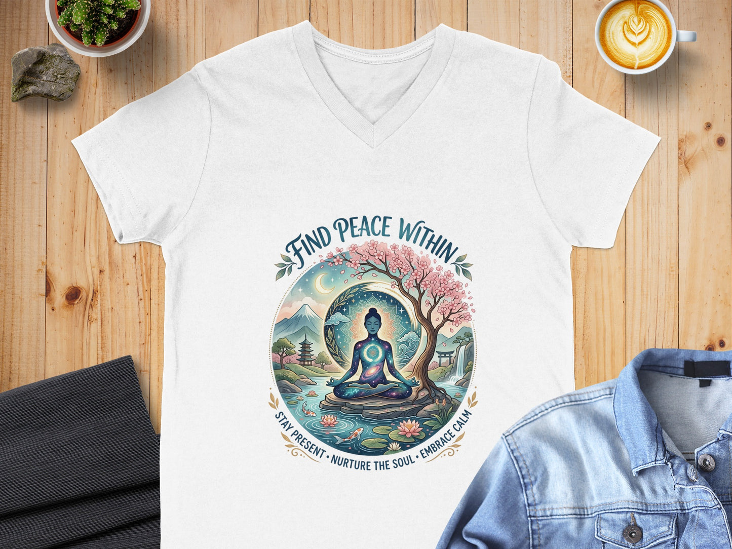 White v-neck t-shirt with "Find Peace Within" circular graphic and yoga pose.