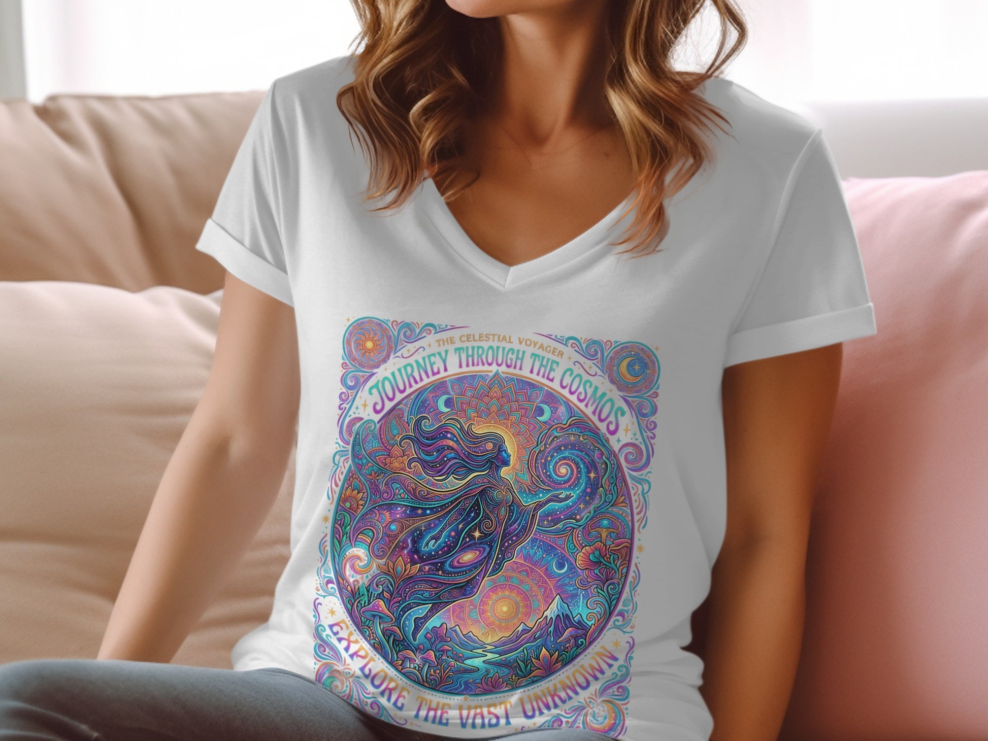 Woman in v-neck t-shirt with circular cosmic journey graphic.