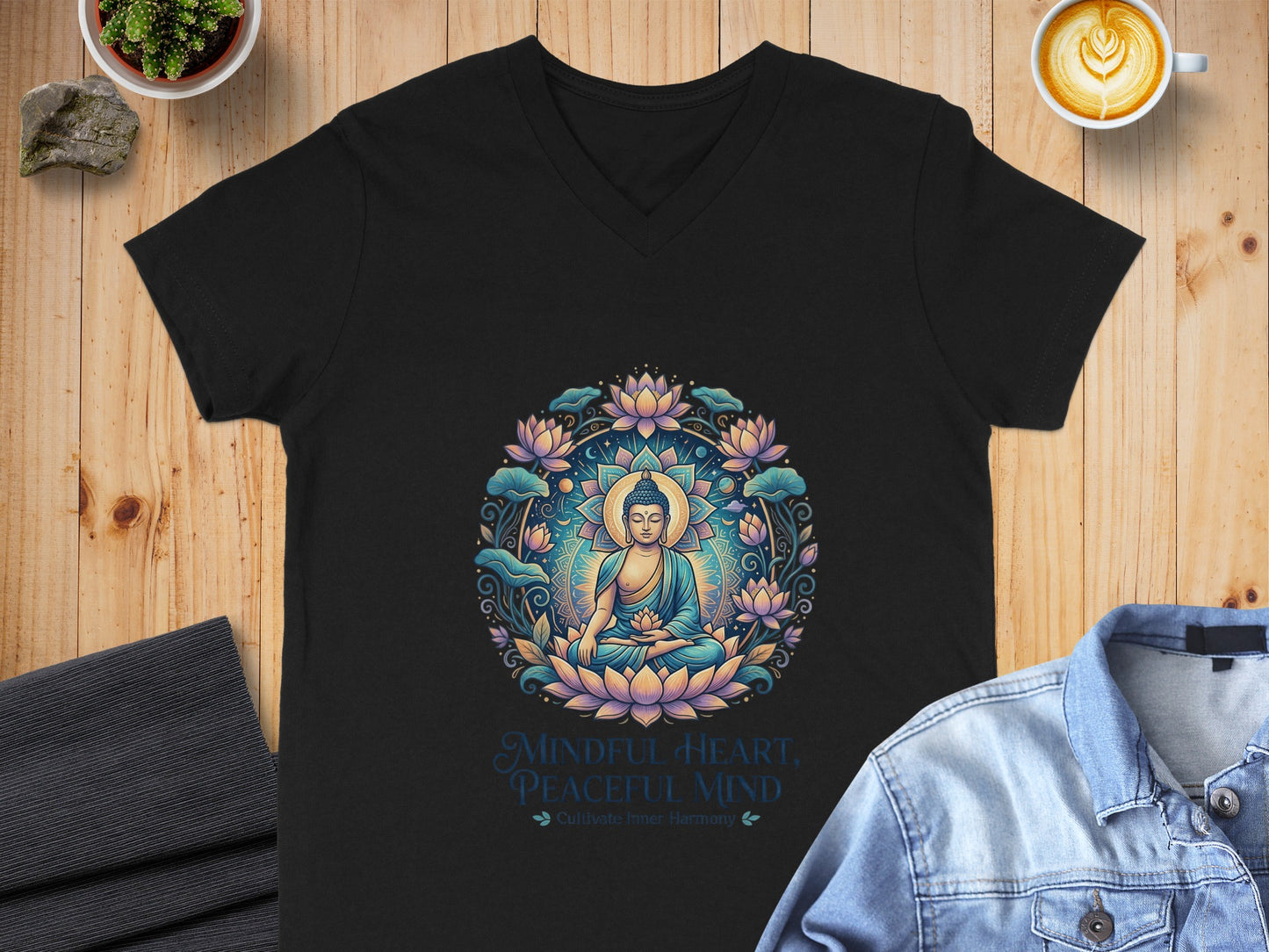 Black t-shirt with Buddha and lotus flower design, text "Mindful Heart, Peaceful Mind".