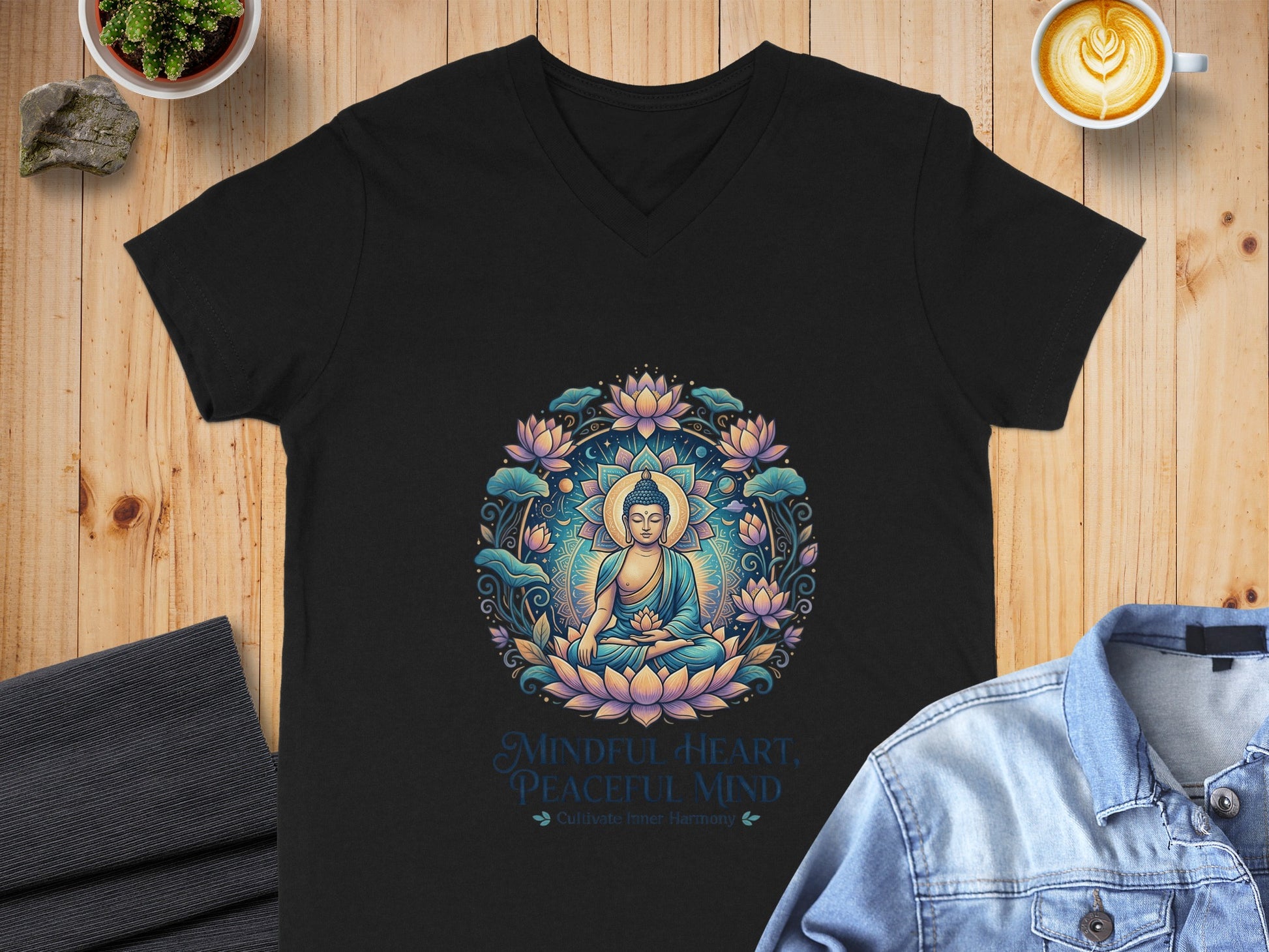 Black t-shirt with Buddha and lotus flower design, text "Mindful Heart, Peaceful Mind".