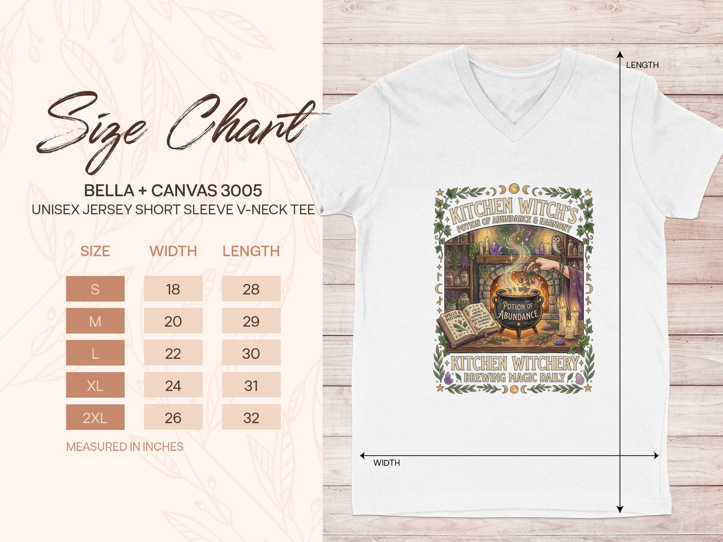 Bella + Canvas 3005 size chart with v-neck tee mockup.