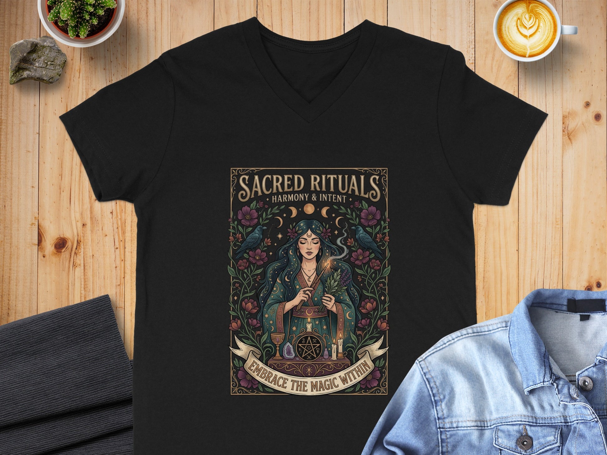 Black v-neck t-shirt featuring a woman with birds, holding candles, text "Sacred Rituals".