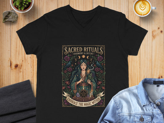 Black v-neck t-shirt featuring a woman with birds, holding candles, text "Sacred Rituals".