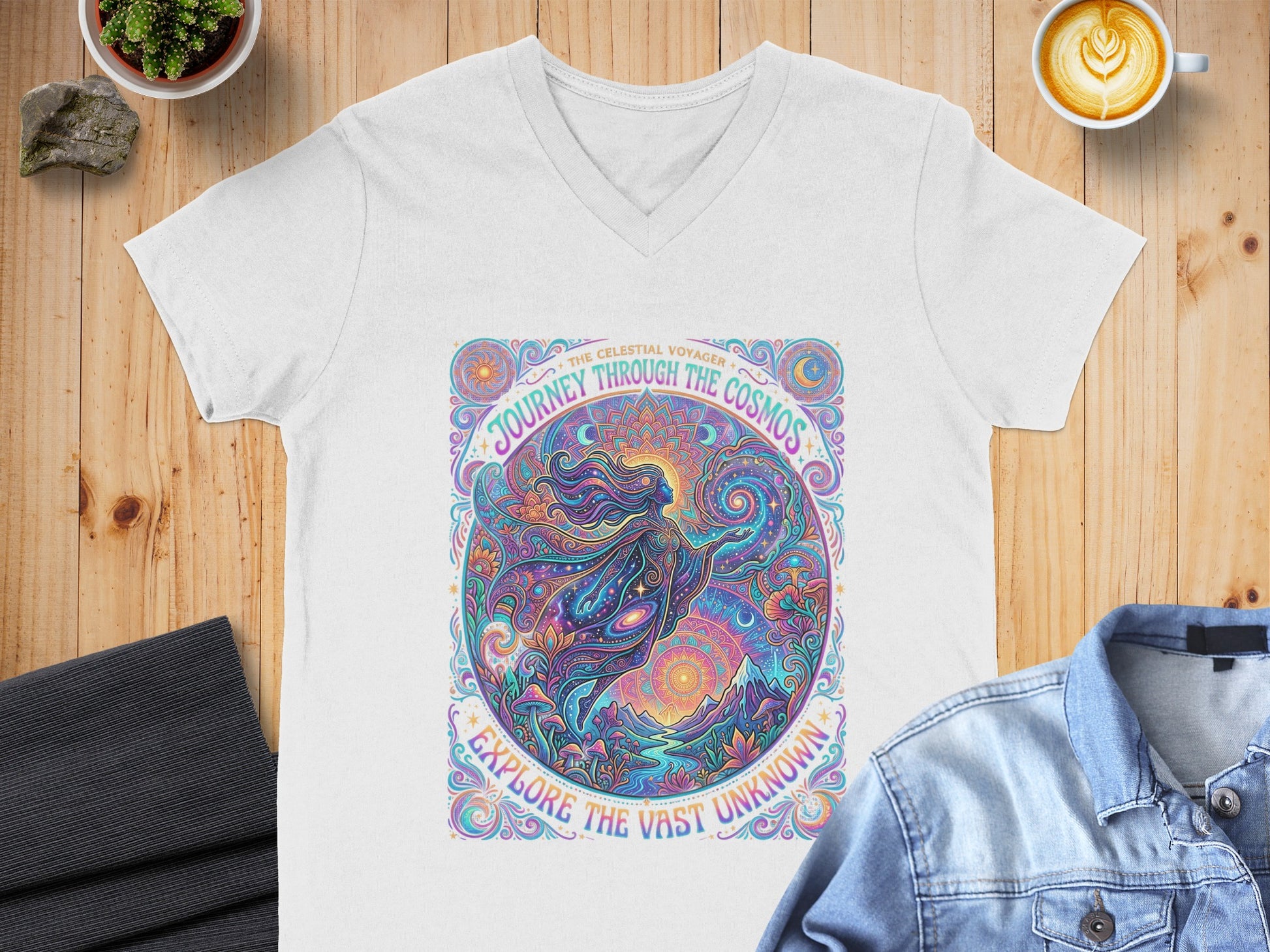 V-neck t-shirt with colorful circular "Journey the Celestial Voyager" graphic.