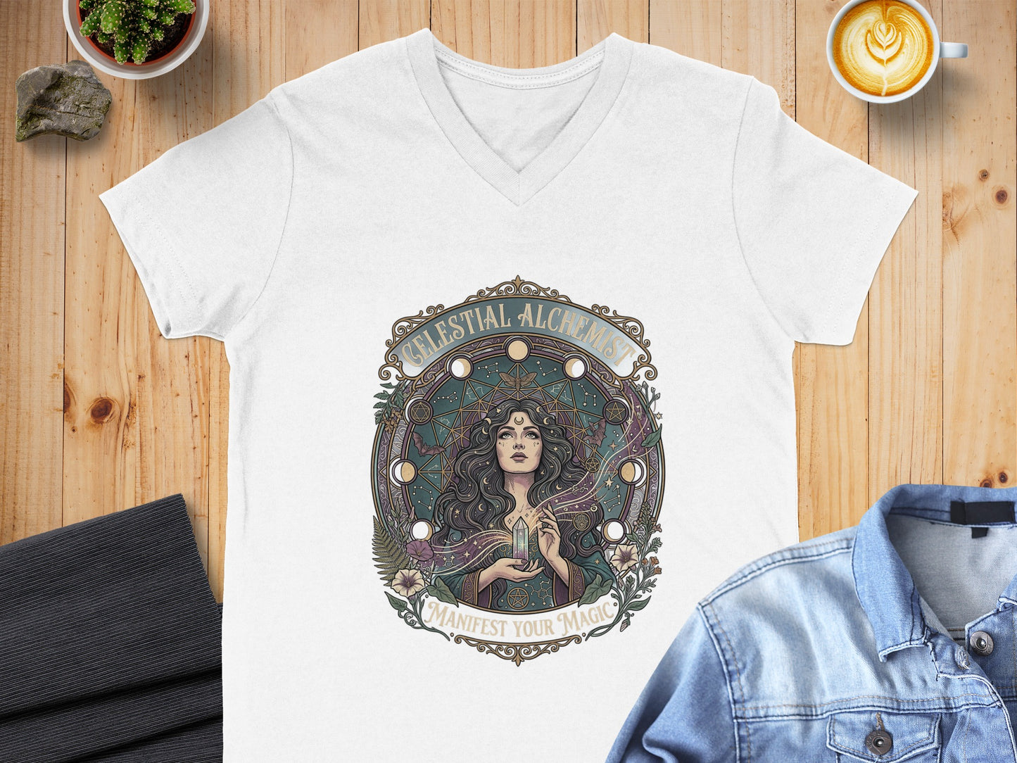 White V-neck t-shirt with "Celestial Alchemist" and crystal artwork.