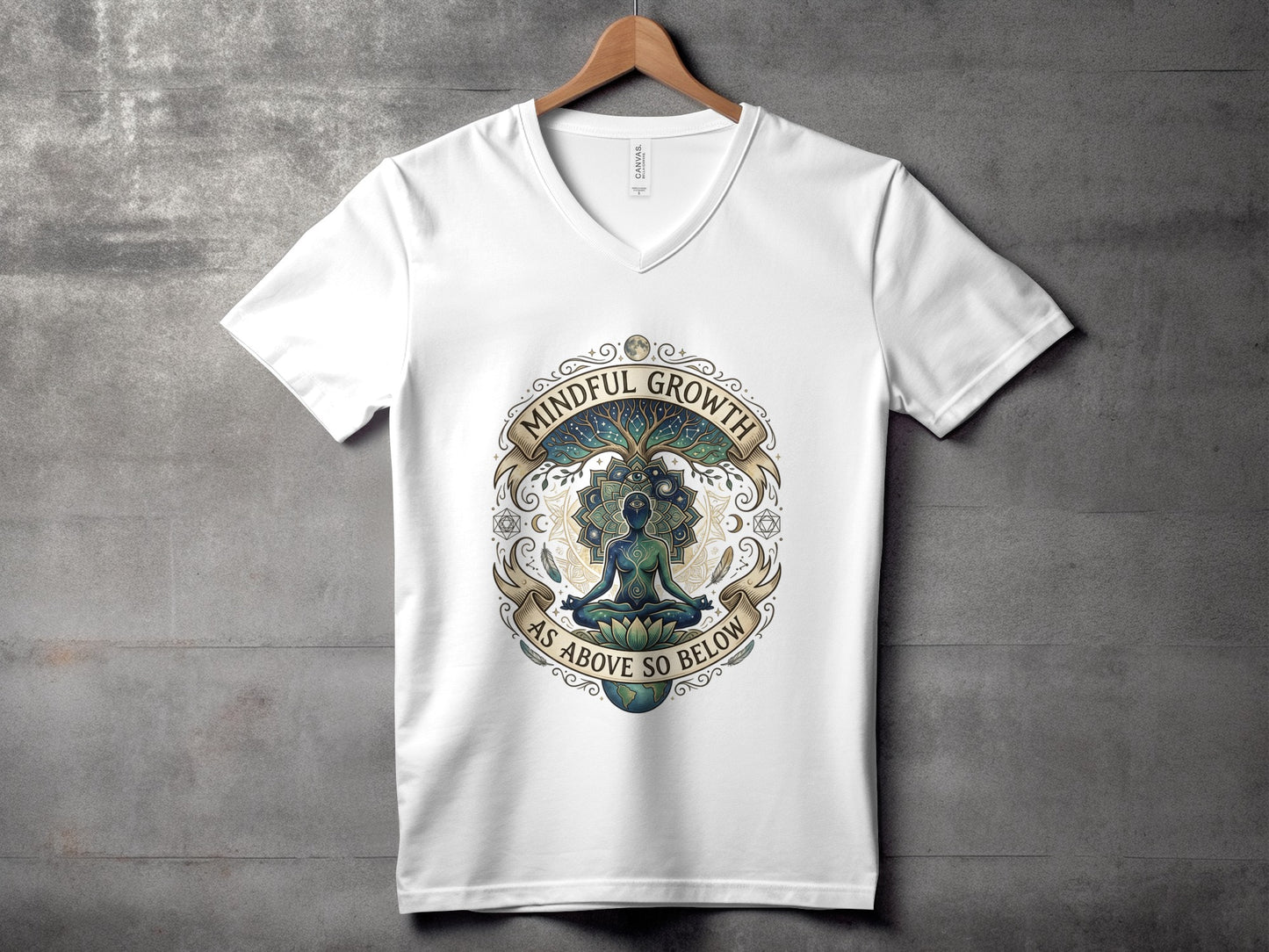White t-shirt featuring a mandala with a meditating figure and "Mindful Growth As Above So Below".