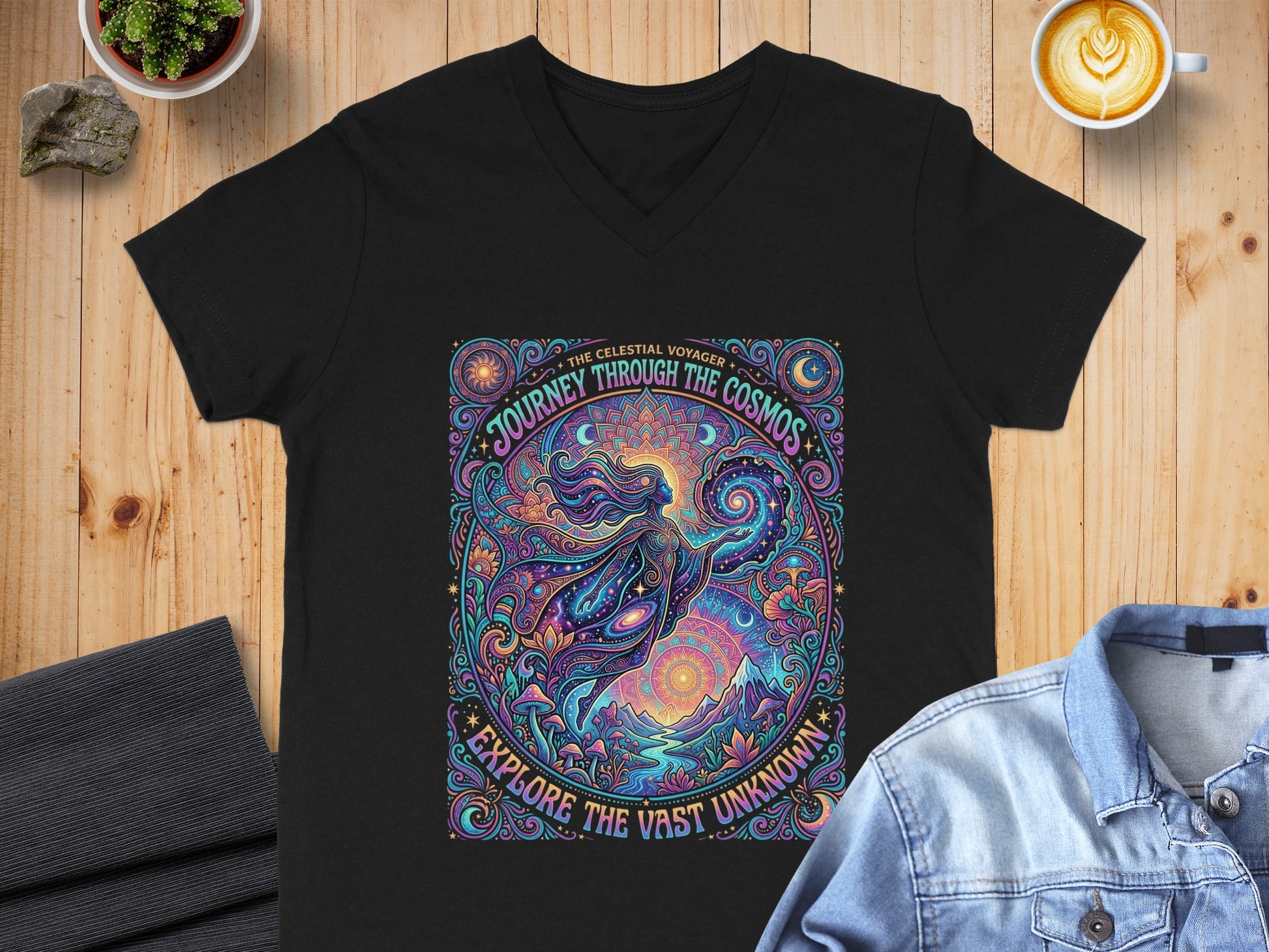 Black t-shirt with colorful celestial voyager mandala art and text.