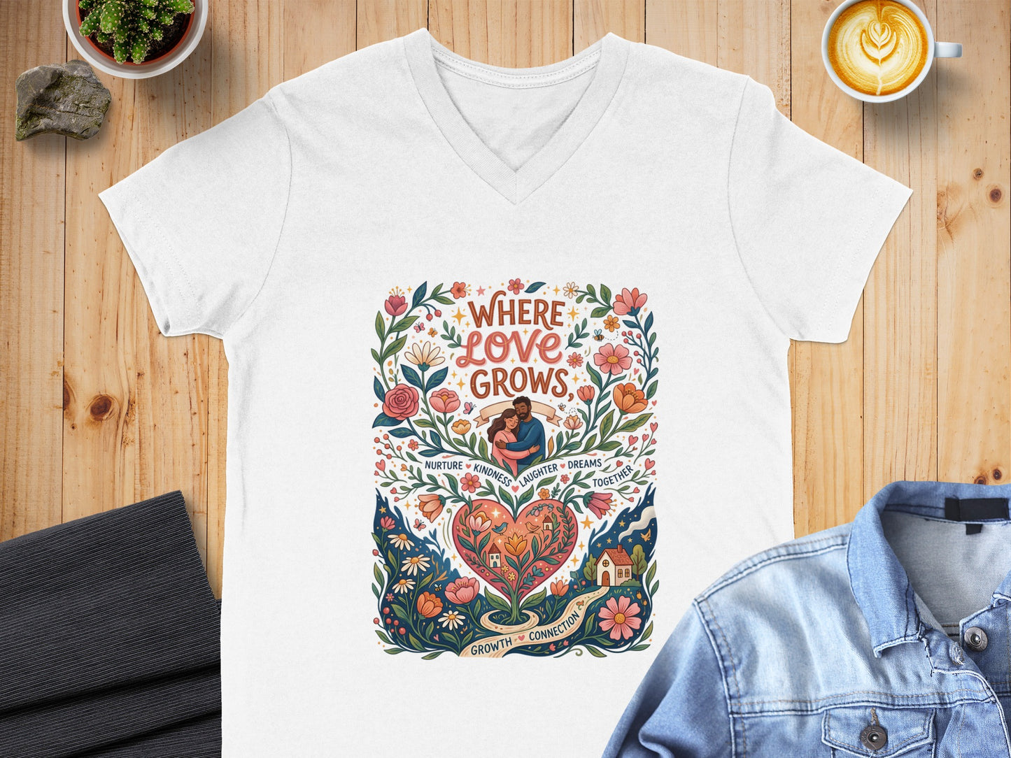 White v-neck t-shirt with floral heart and "Where Love Grows" text.