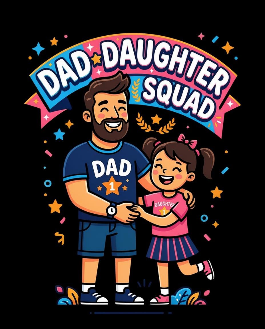 Dad and daughter smiling, wearing matching "Dad Daughter Squad" shirts.