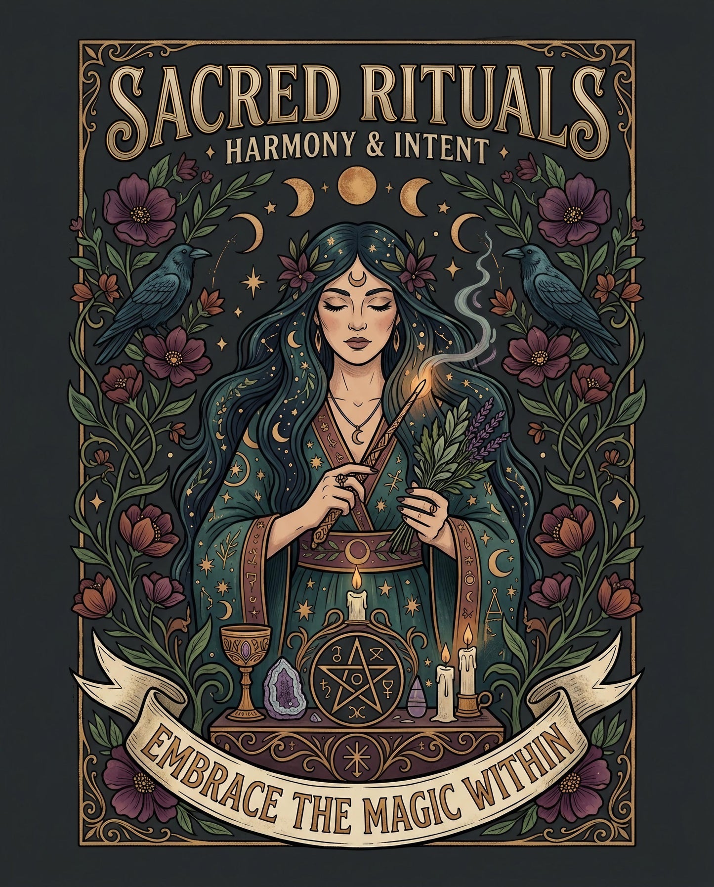 Woman with staff and herbs surrounded by flowers, stars, and a pentacle.