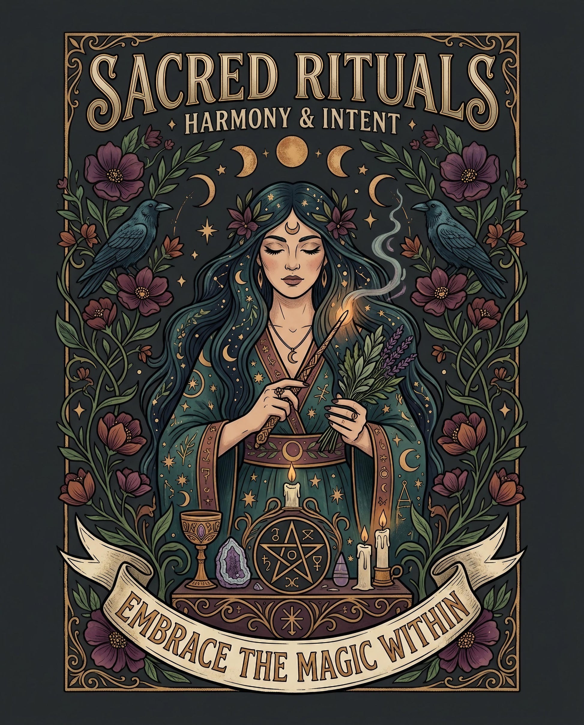 Woman with staff and herbs surrounded by flowers, stars, and a pentacle.